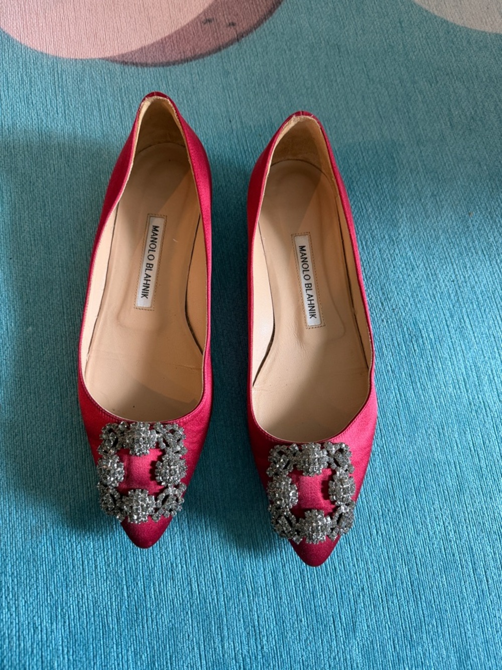 Manolo Blahnik Scarlet Satin Pointed Toe Flats with Crystal Buckle